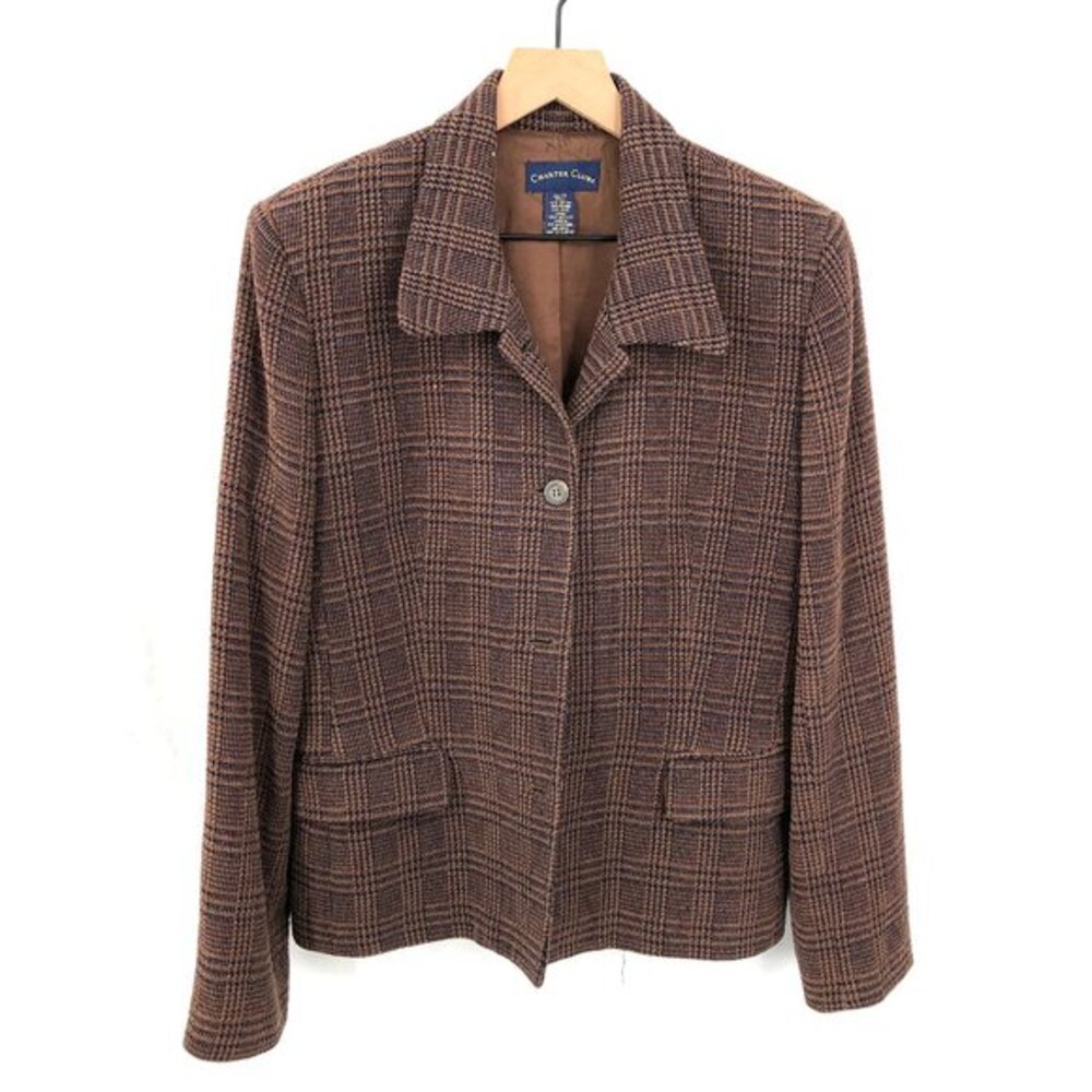 Vintage CHARTER CLUB Wool Blend academia short Blazer Brown Navy‎ Plaid 12